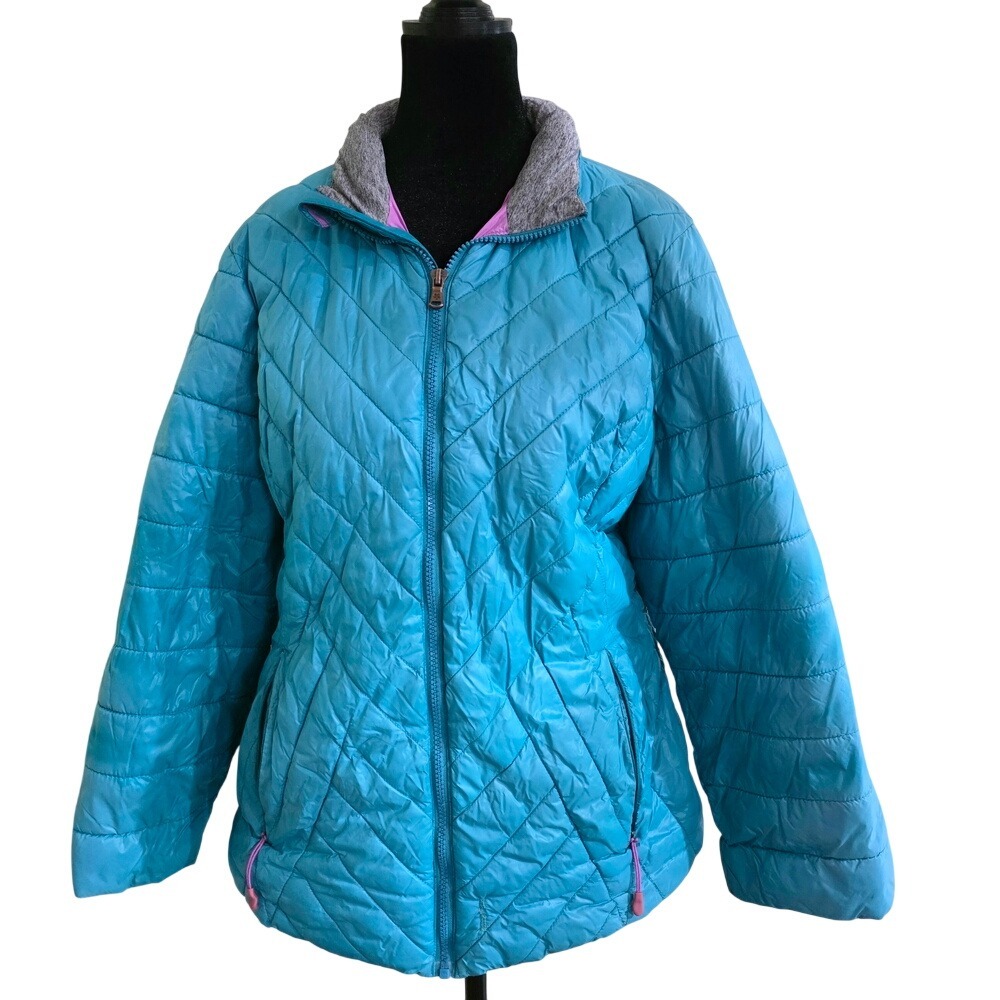 Tek Gear WMS TealBlue Quilted Puffer Jacket Chevron Full Zip XL Pockets Layering